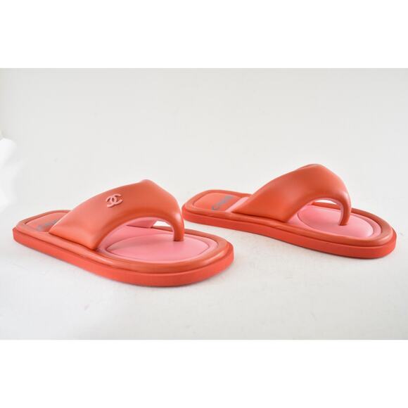 Chanel 22P Pink Red Lambskin Padded Pool Thong Logo Mule Slide Flat Sandal 37 - Picture 6 of 16